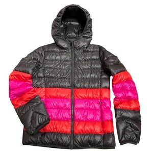 NWOT Uniqlo Charcoal Gray Down Puffer Jacket Orange and Hot Pink StripesYouth XL
